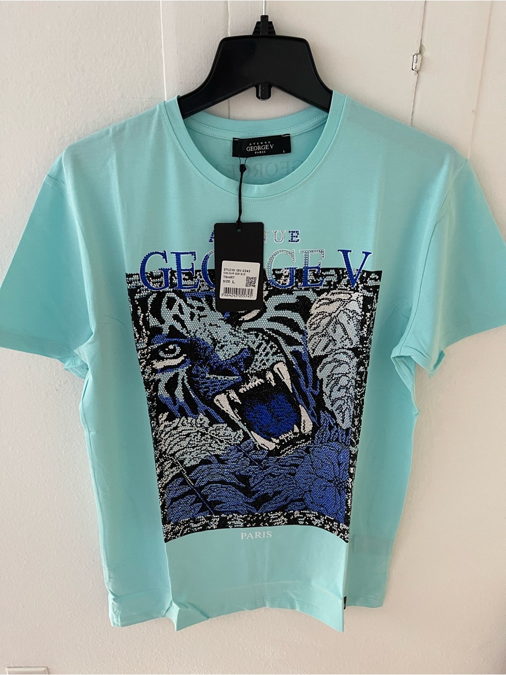 Avenue George V Paris T-shirt Men's Blue Short Sleeve tee Rhinestone Lion NWT